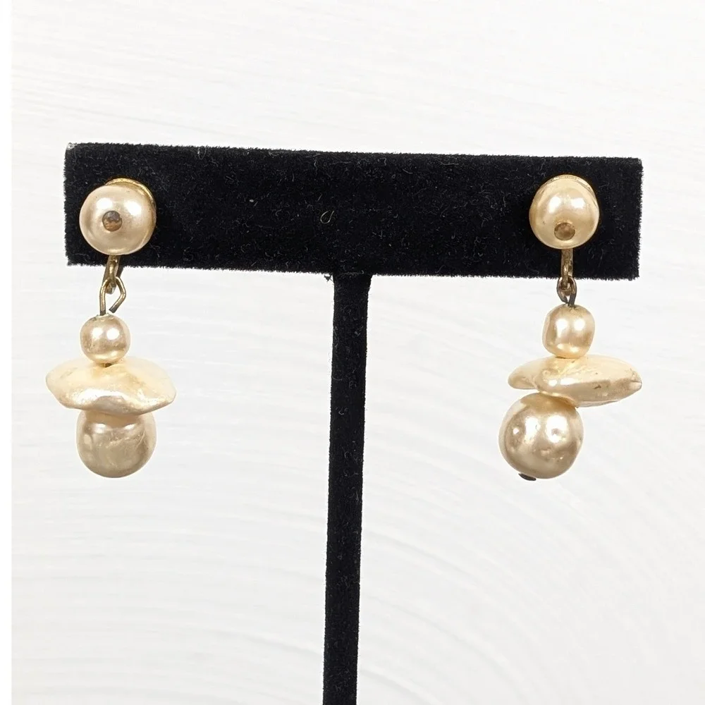 Vintage Faux Pearl Lucite Earrings Screw‎ Back Cream Stacked Mid Century